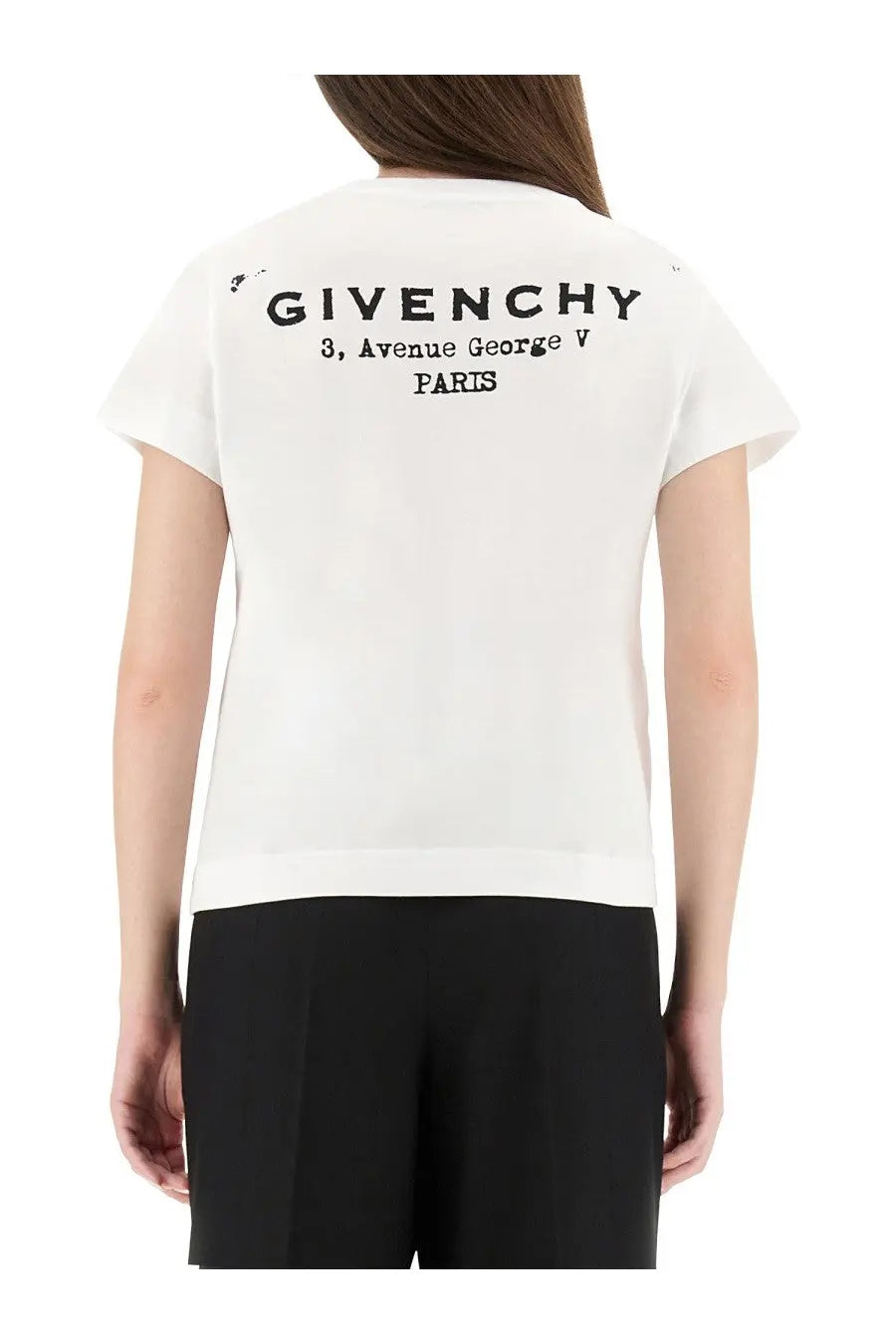 White Givenchy women shirt back view featuring black printed text on a cotton fabric for casual wear