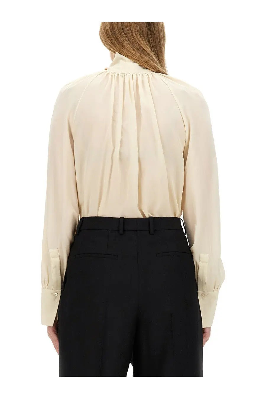 Beige silk blouse with high neckline and gathered back detail by Givenchy women’s silk shirt white showing the back side