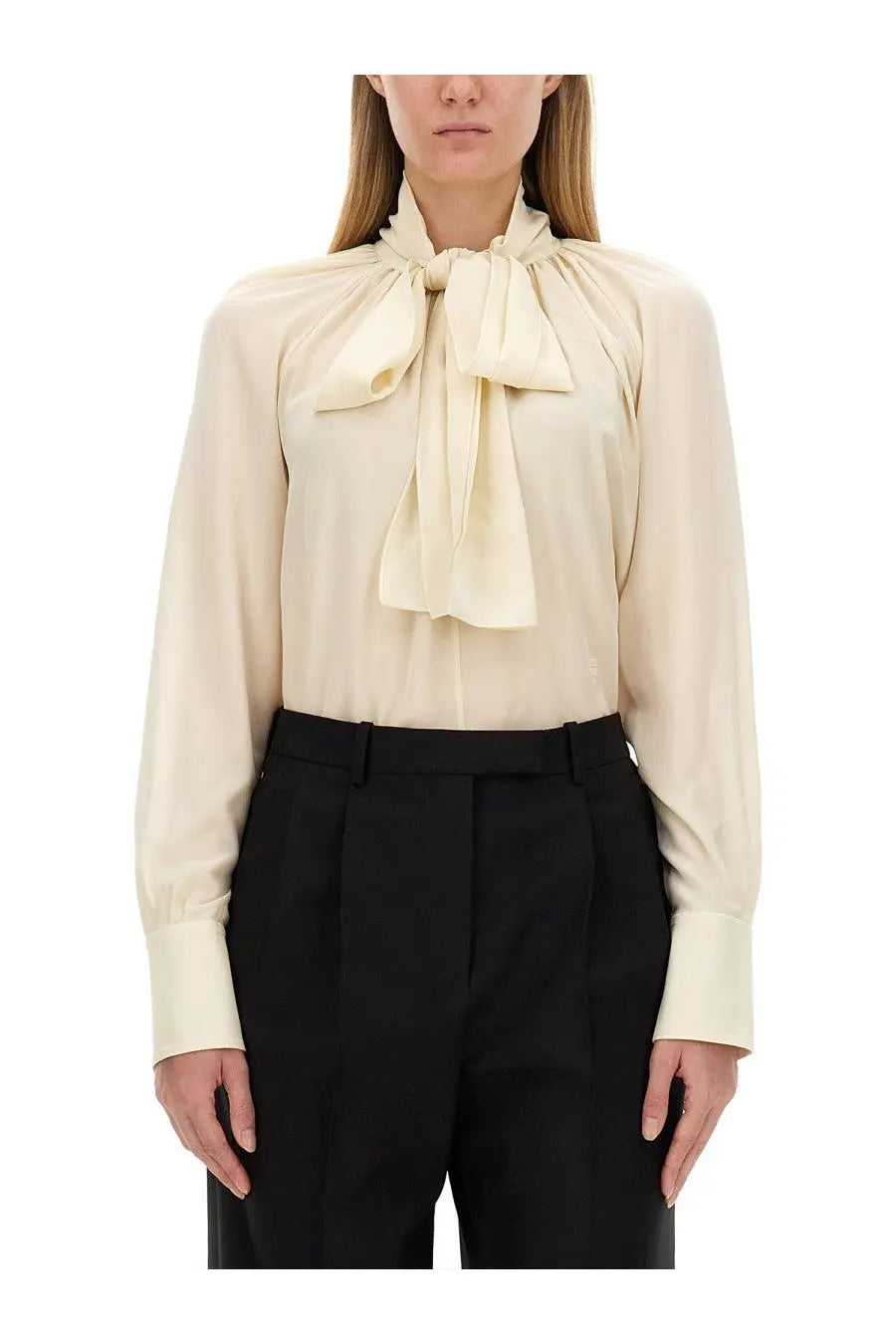Givenchy women’s cream-colored silk blouse with gathered neckline and prominent bow at the front
