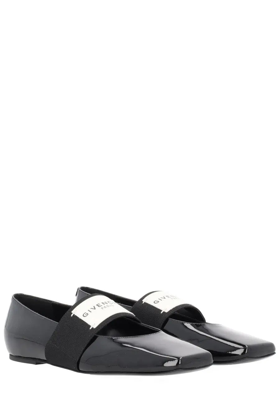 Givenchy women’s sliced square dancer black patent leather flats with elastic strap and white logo patch