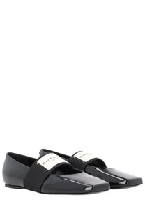 Givenchy women’s sliced square dancer black patent leather flats with elastic strap and white logo patch
