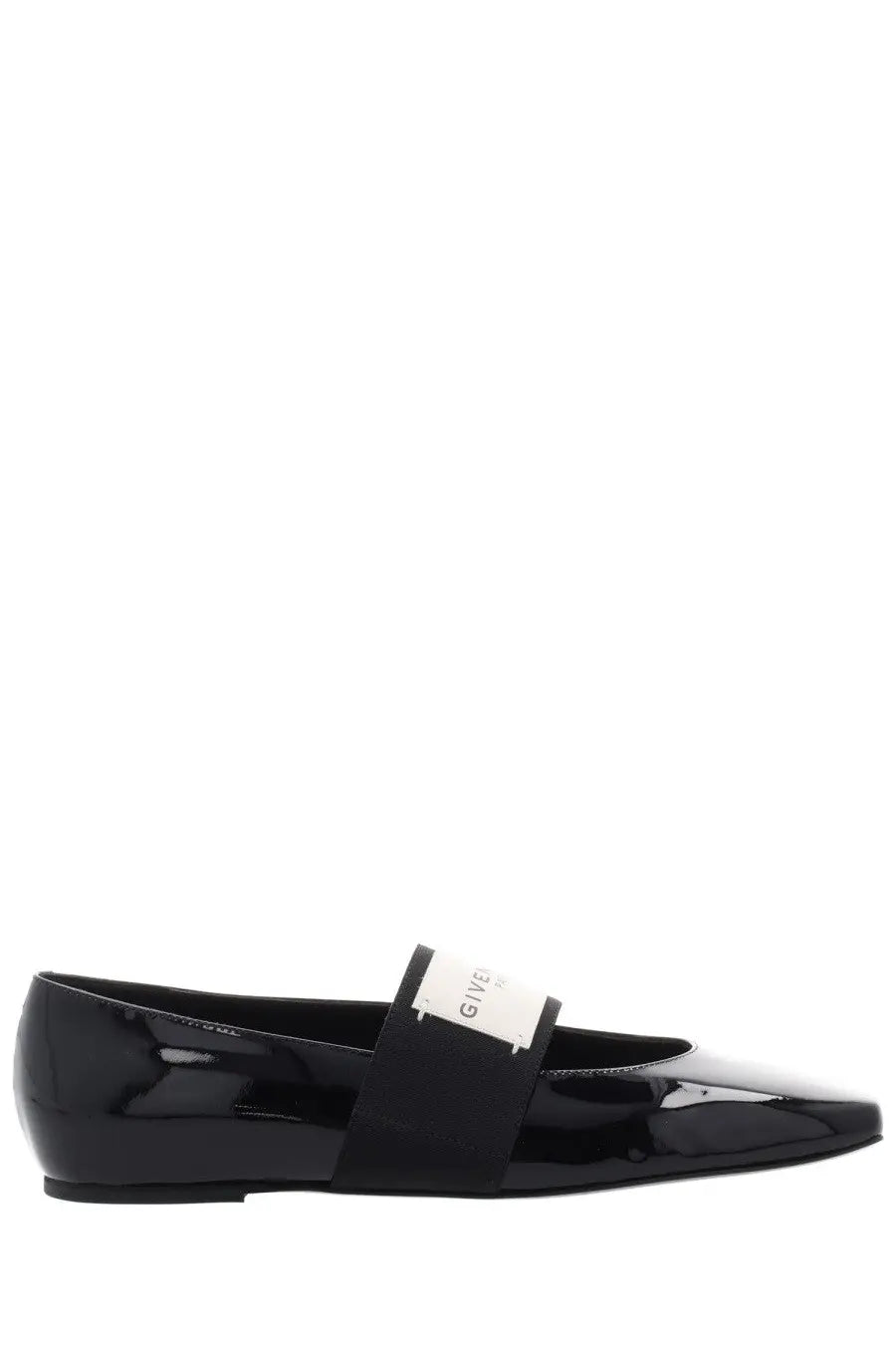 Givenchy women’s sliced square dancer flat shoe in black patent leather with a sleek design and white instep label