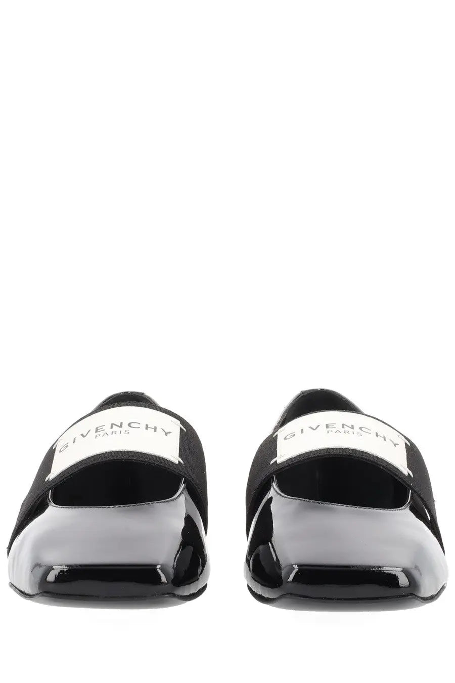 Givenchy women’s sliced square dancer black ballet flats in black patent leather with glossy finish and white logo strap