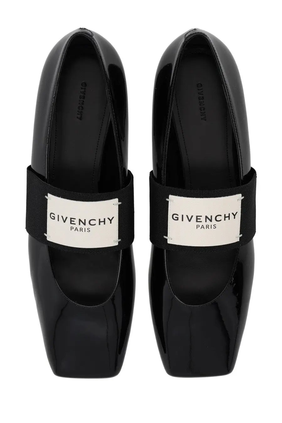 Givenchy women’s sliced square dancer black patent leather mary jane flat with white label and black elastic strap