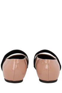 Givenchy women’s sliced square dancer beige patent leather flats with black strap accents and blue detailing
