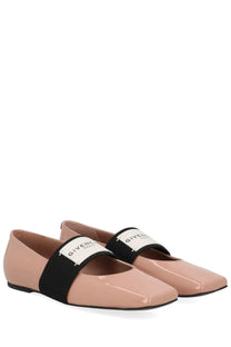 Givenchy women’s sliced square dancer flat shoes in beige patent leather with black elastic strap and white logo band