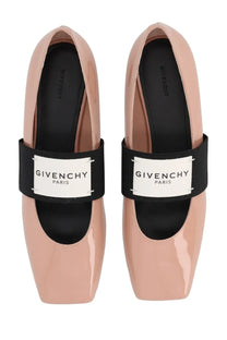 Givenchy womens sliced square dancer blue mary jane flats in blush pink patent leather with black strap and white logo patch