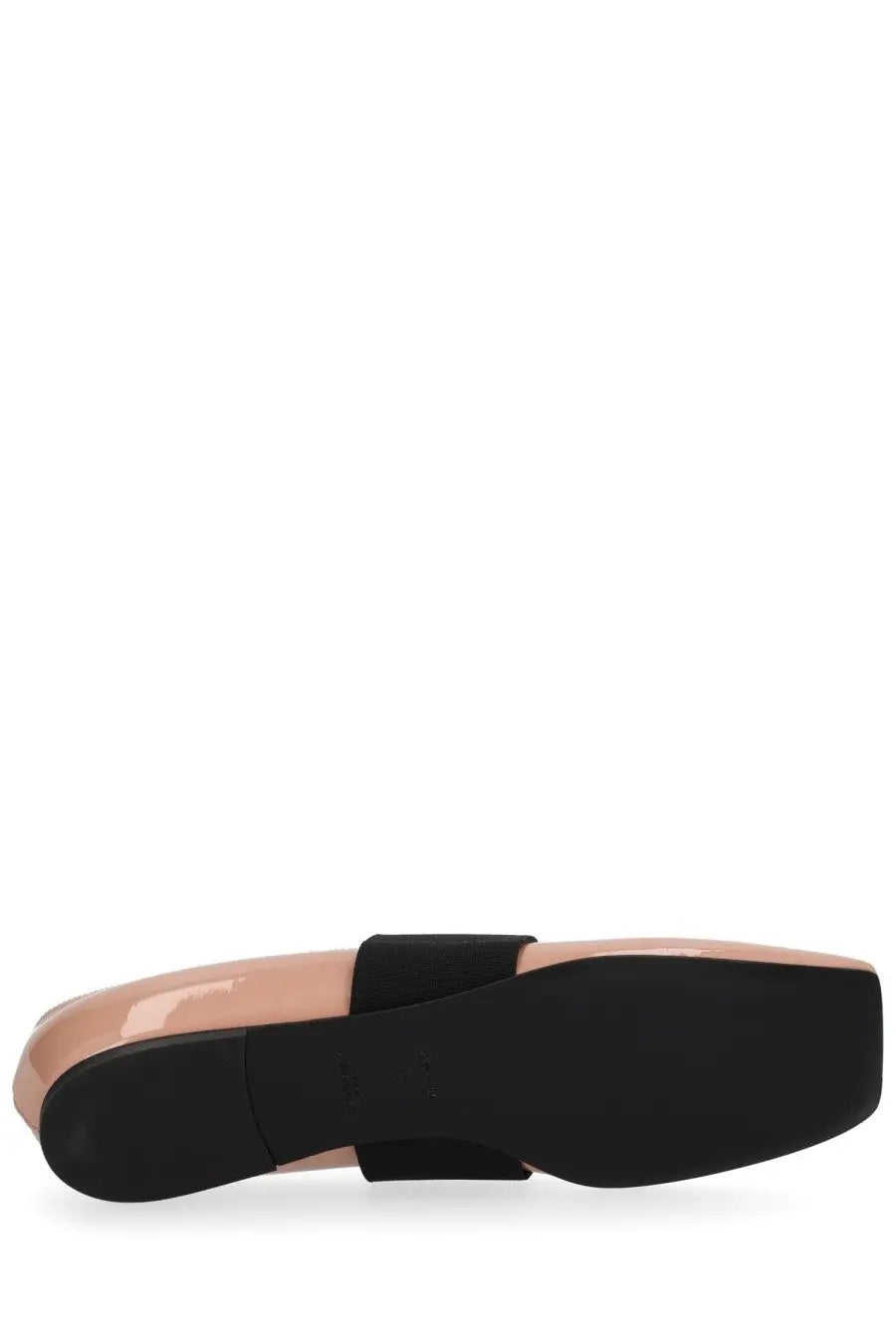 Givenchy women’s sliced square dancer nude patent leather flat shoe with black elastic strap and matte black sole