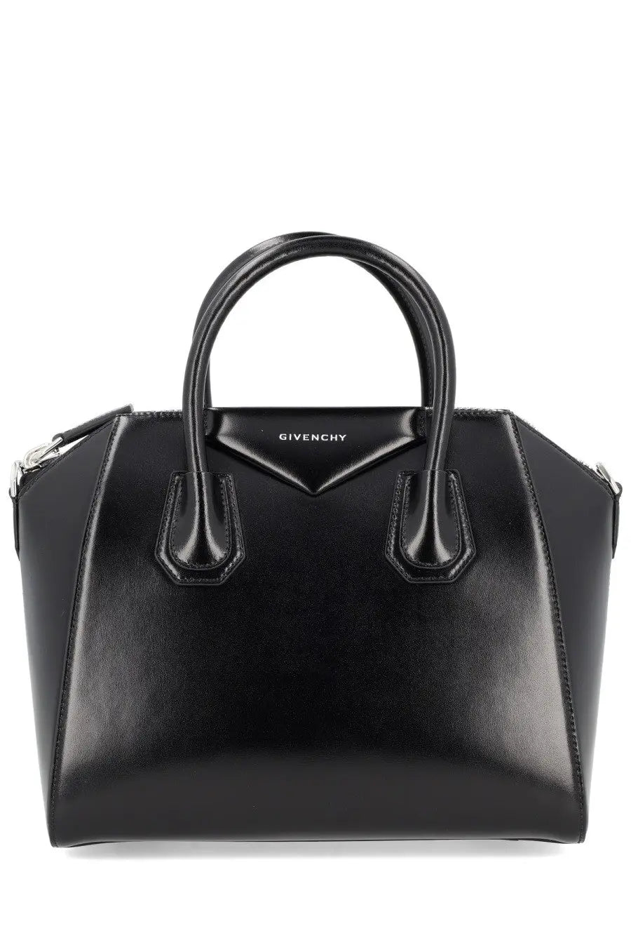 Givenchy women’s small antigona bag in black glossy leather with signature logo plaque and structured silhouette