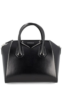 Givenchy women’s small antigona bag in black glossy leather with signature logo plaque and structured silhouette