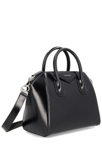 Givenchy women’s small antigona bag in black glossy leather with silver-tone hardware for stylish use