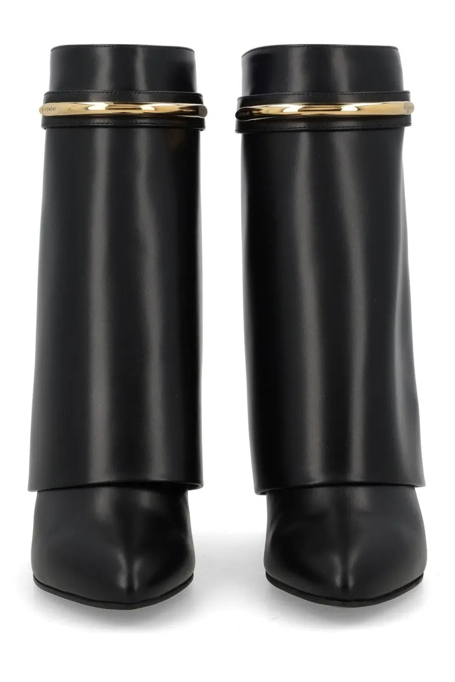 Givenchy women’s stivale shark pinch black leather ankle boots with gold-tone metal bands around the upper shaft