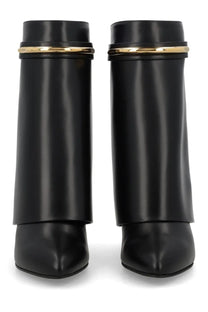 Givenchy women’s stivale shark pinch black leather ankle boots with gold-tone metal bands around the upper shaft