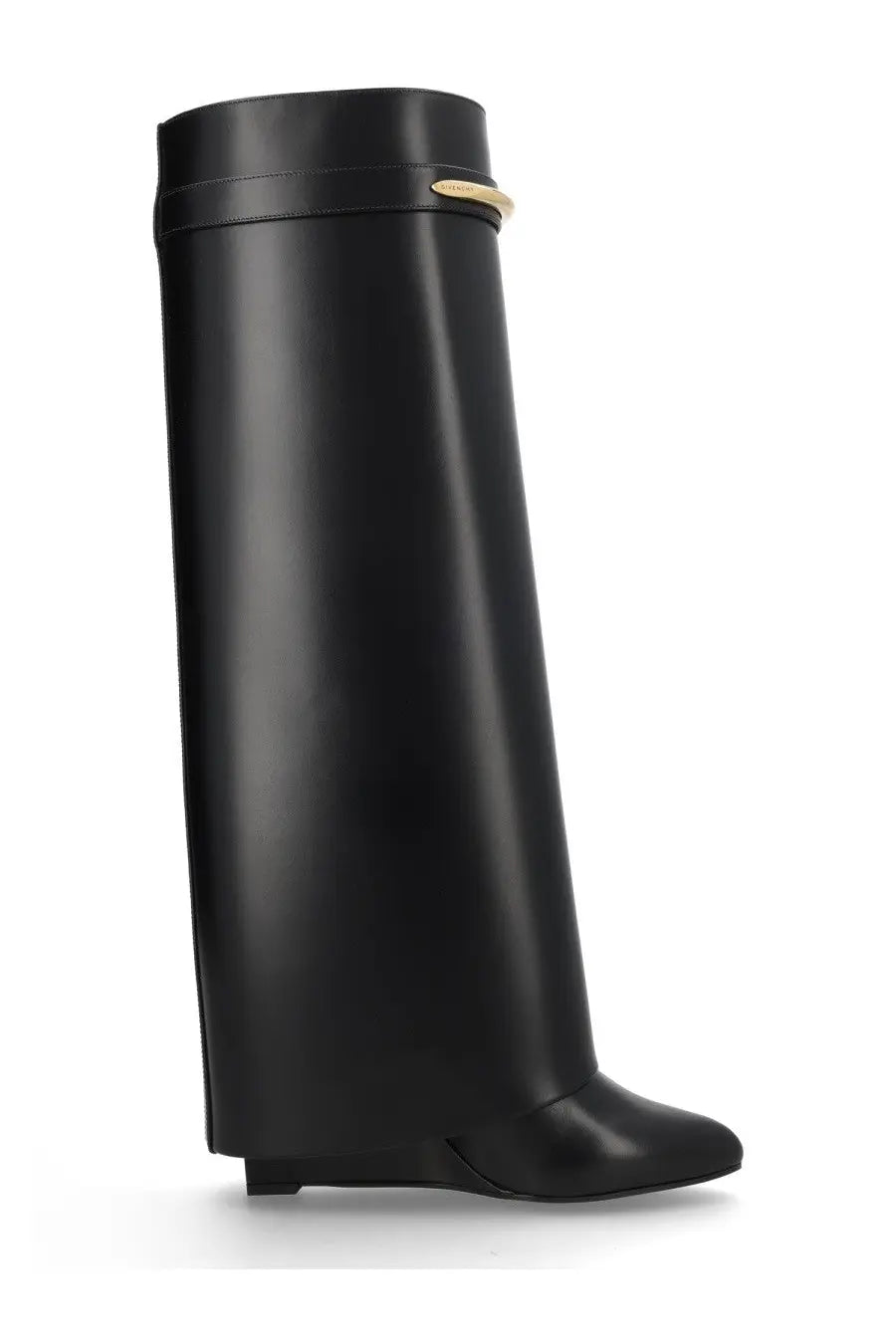 Black leather Givenchy women’s Stivale Shark Pinch boot with gold-tone logo plaque at the top
