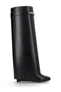Black leather Givenchy women’s Stivale Shark Pinch boot with gold-tone logo plaque at the top