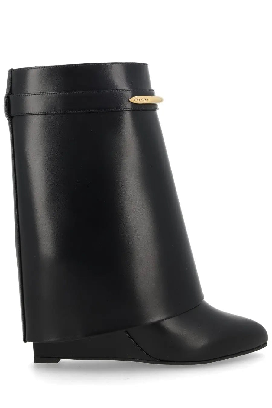 Black leather givenchy women’s stivale shark pinch boot with gold-tone logo plaque in black