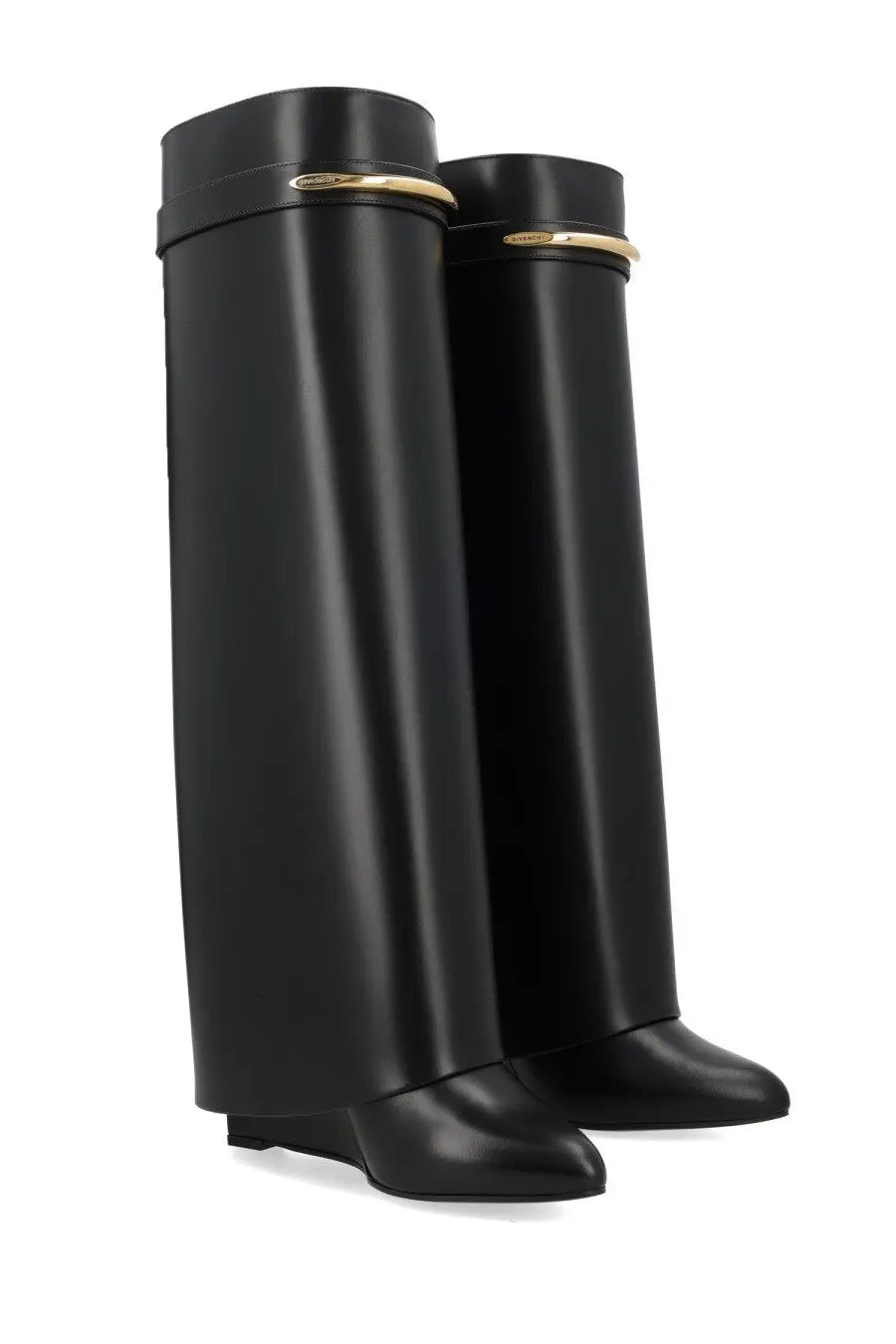 Givenchy women’s stivale shark pinch black black leather knee-high boots with gold-tone metal accents at the top