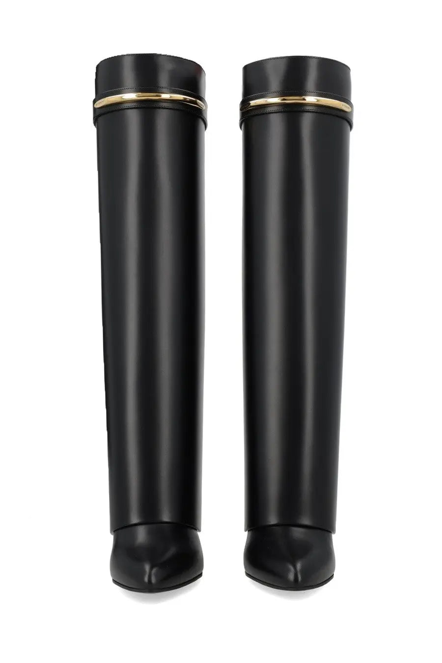 Givenchy women’s stivale shark pinch black leather knee-high boots with gold-tone metallic bands at the top