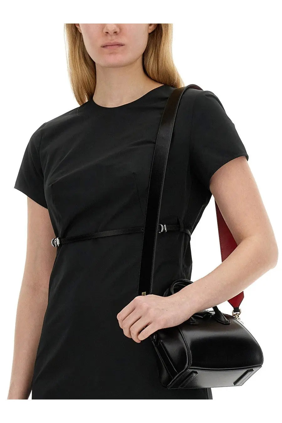 Givenchy women’s taffeta voyou dress black with black leather crossbody bag featuring red accent strap and silver hardware