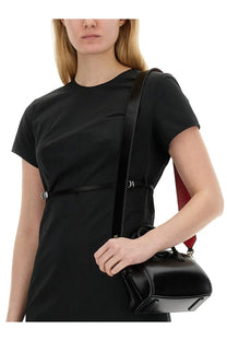 Givenchy women’s taffeta voyou dress black with black leather crossbody bag featuring red accent strap and silver hardware