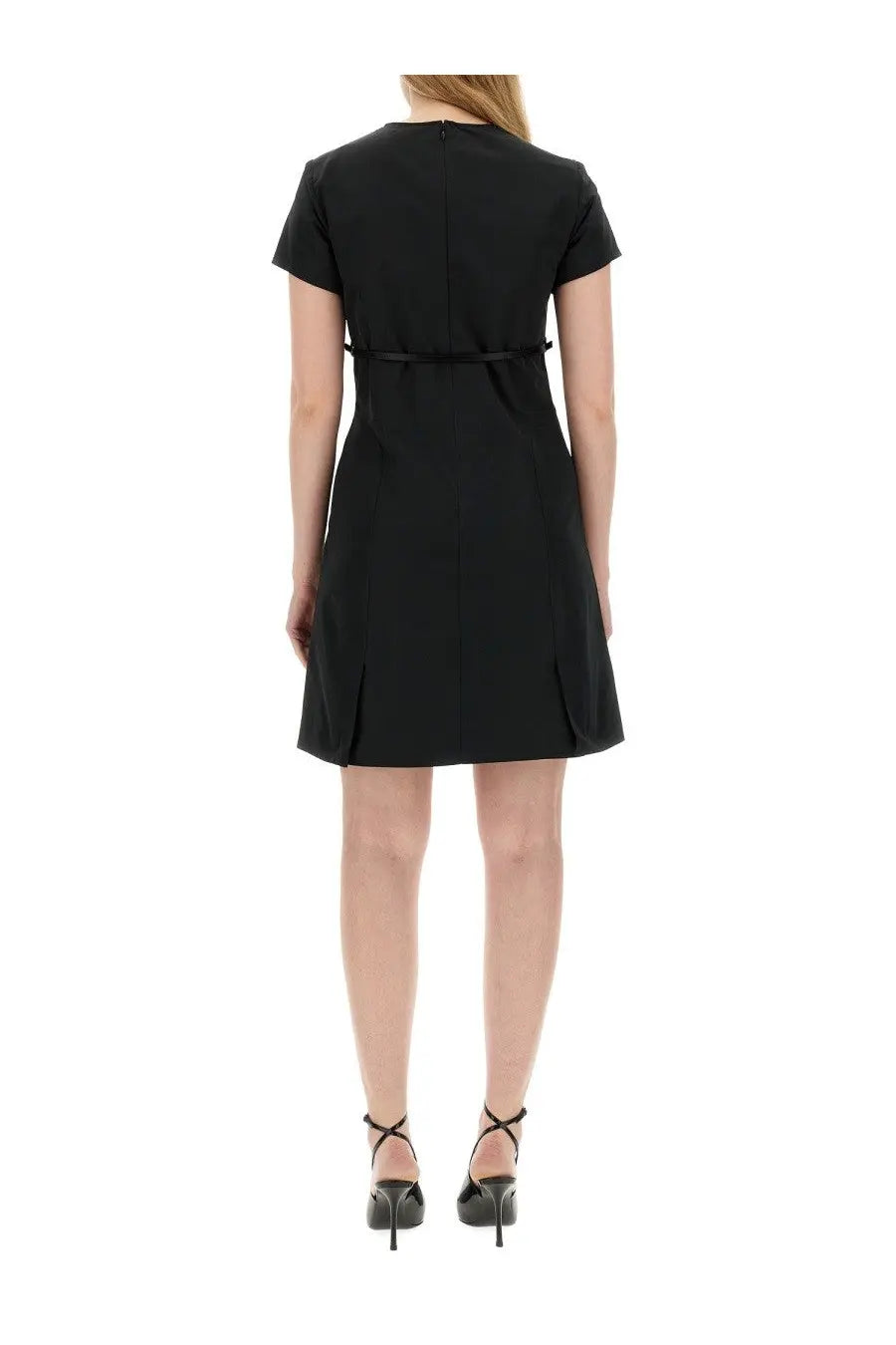 Givenchy women’s black taffeta short-sleeved dress with cinched waist and flared skirt for elegant wear
