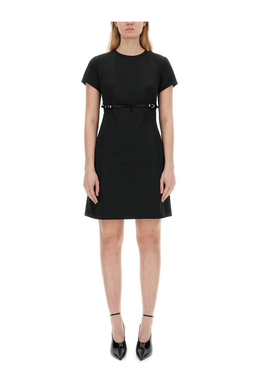 Givenchy women’s black taffeta voyou dress with short sleeves and a fitted waistband in a sleek minimalist design