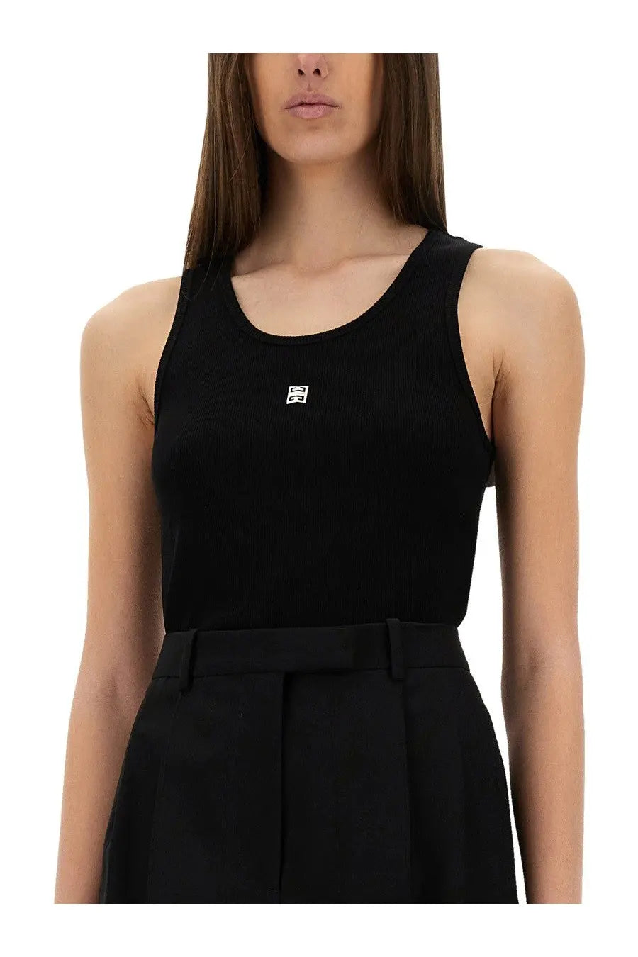 Givenchy women’s black ribbed tank top with a small white logo on the chest in lightweight cotton material