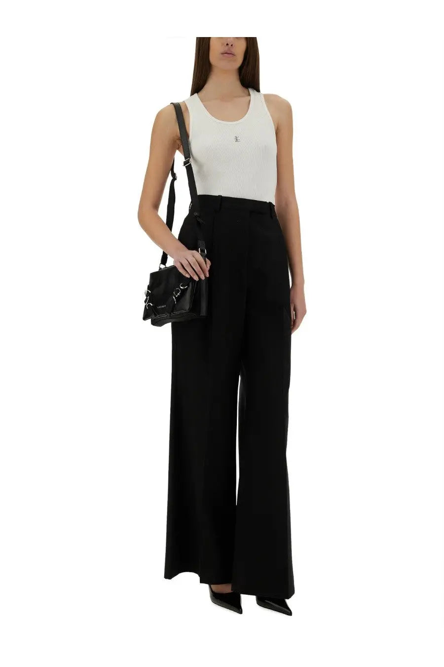 Black leather satchel with silver hardware and structured rectangular shape featured with Givenchy women’s tank top white