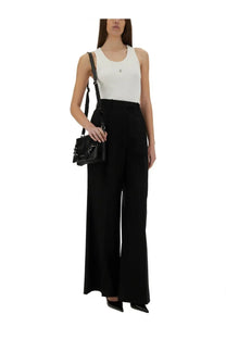 Black leather satchel with silver hardware and structured rectangular shape featured with Givenchy women’s tank top white