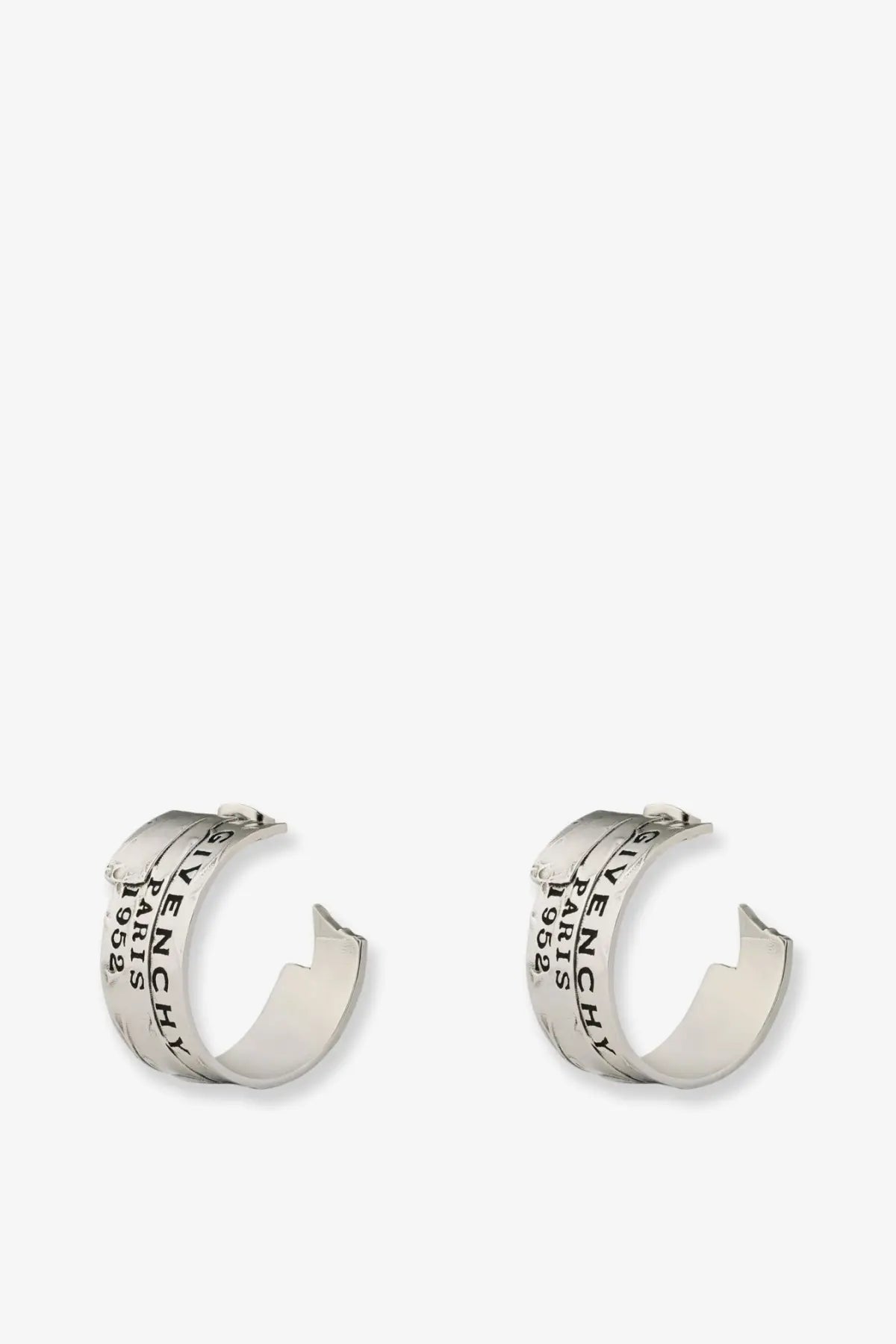 Givenchy women’s silver metal hoop earrings with 1952 engraved text and distinctive broken design