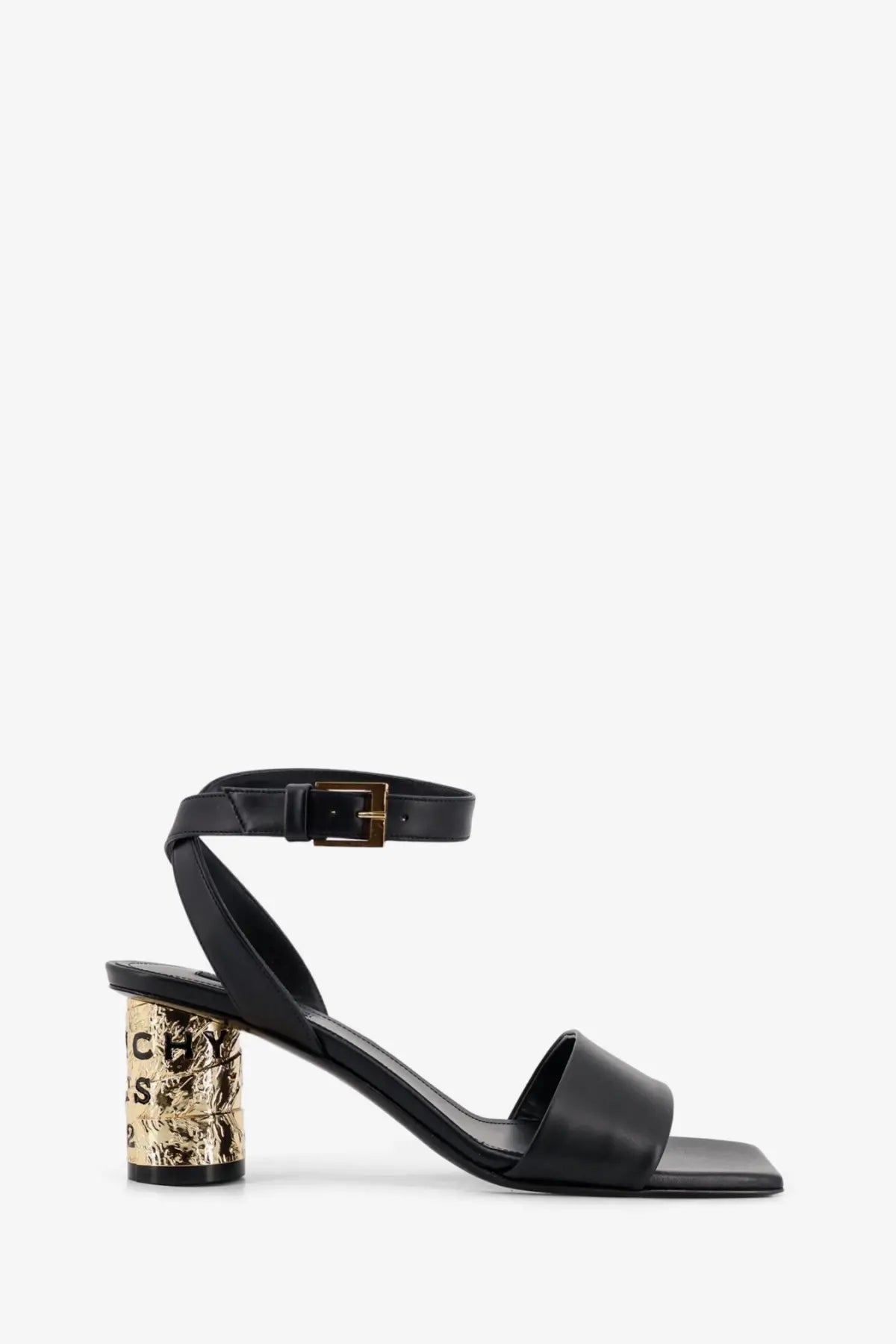 Givenchy women’s black leather ankle strap heeled sandals with gold toned textured block heel and embossed lettering