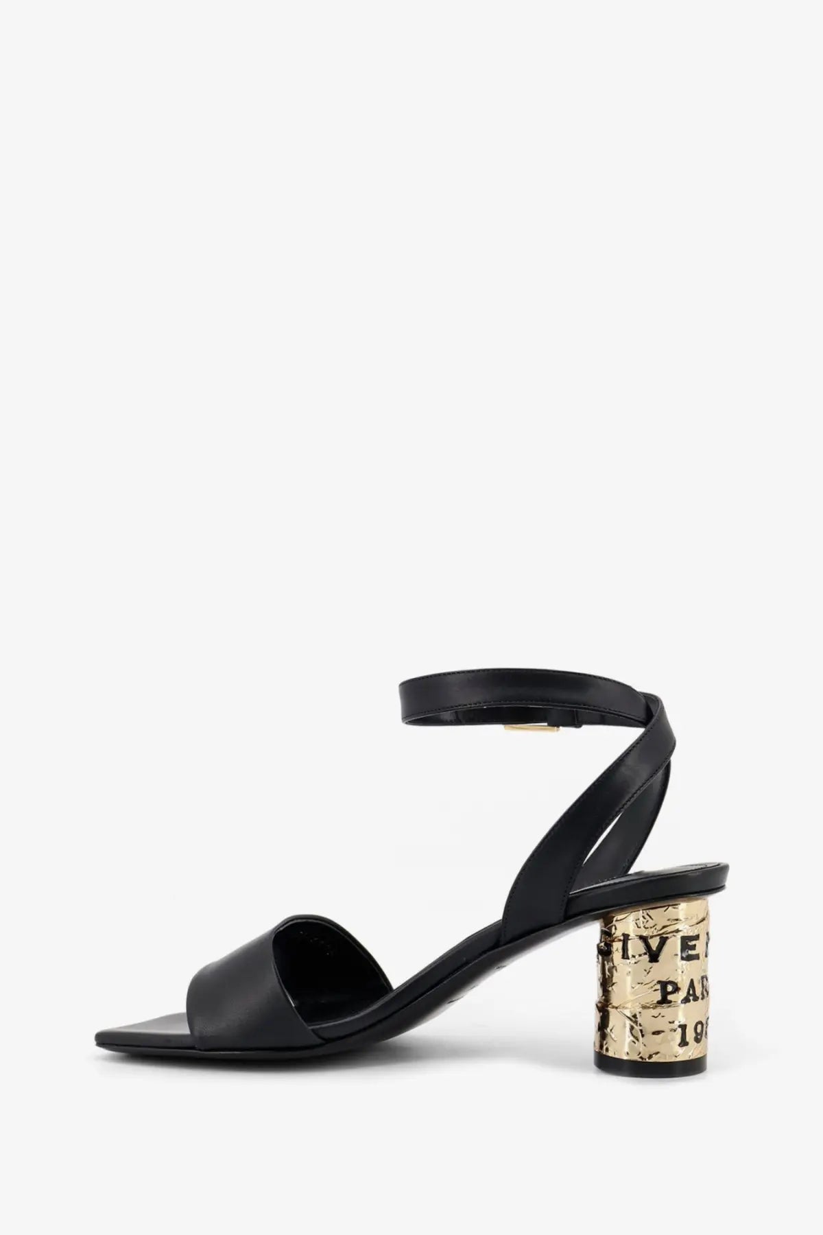 Givenchy women’s black leather heeled sandal with a gold-toned cork-inspired heel and Givenchy Paris branding