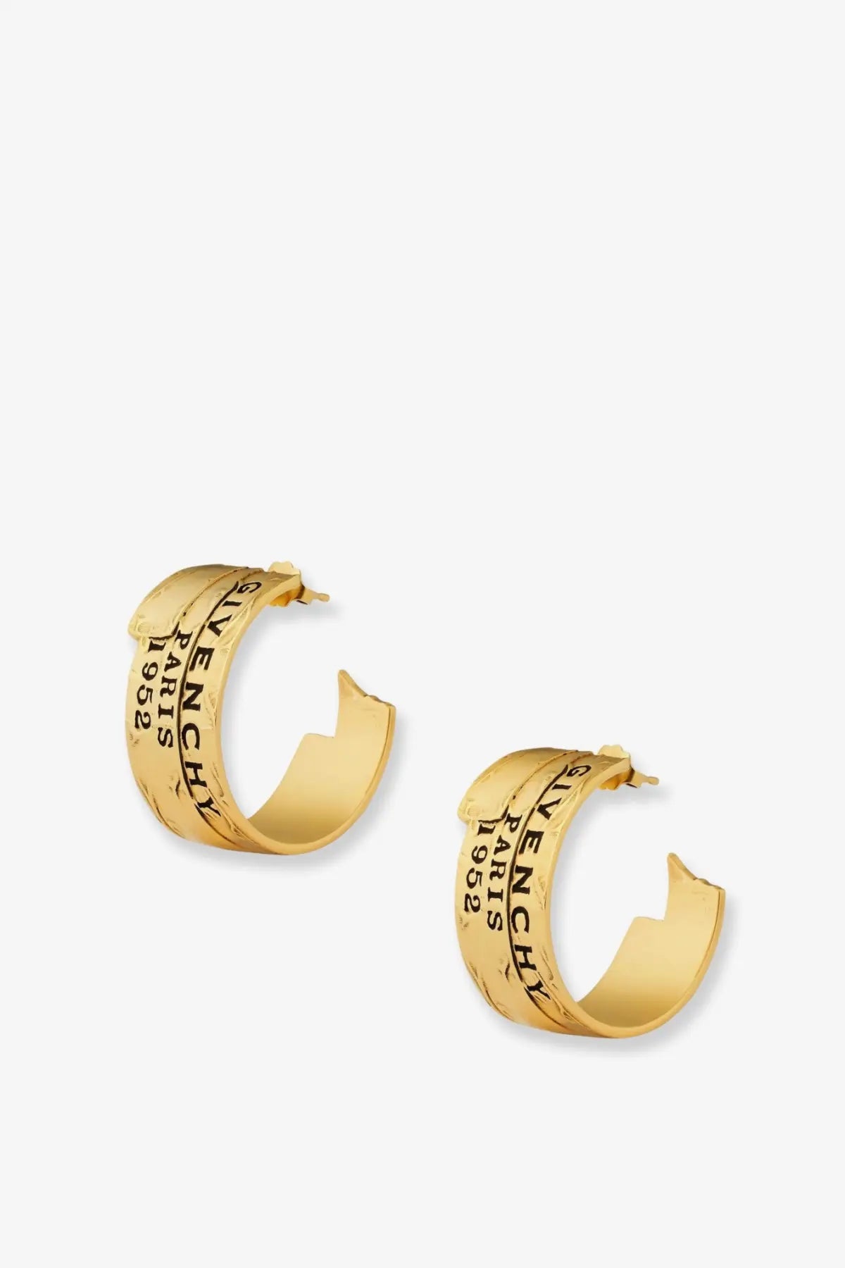 Gold-tone Givenchy women’s hoop earrings feature a broken design with engraved Givenchy Paris 1952 text