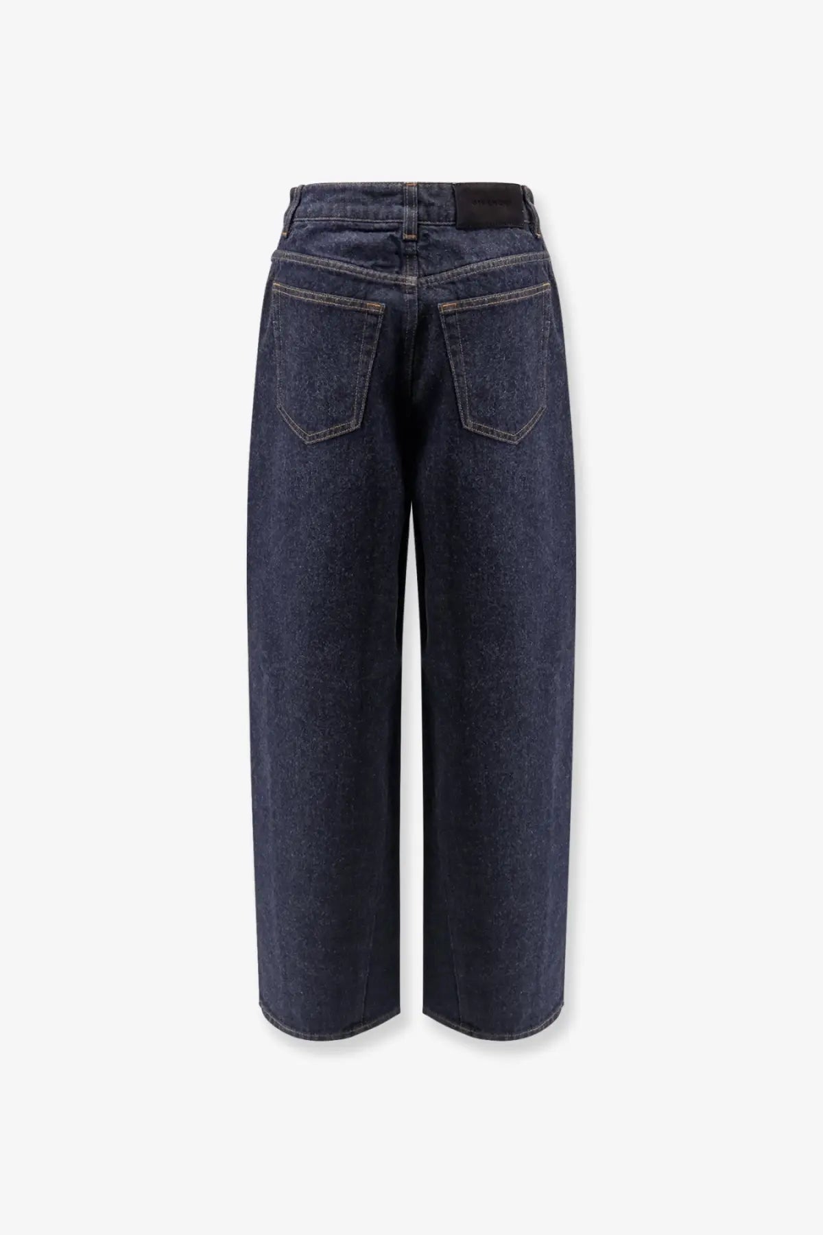 Givenchy women’s twisted dark blue denim jeans showing the back with high waist wide-leg classic pockets