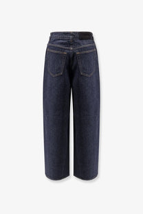 Givenchy women’s twisted dark blue denim jeans showing the back with high waist wide-leg classic pockets
