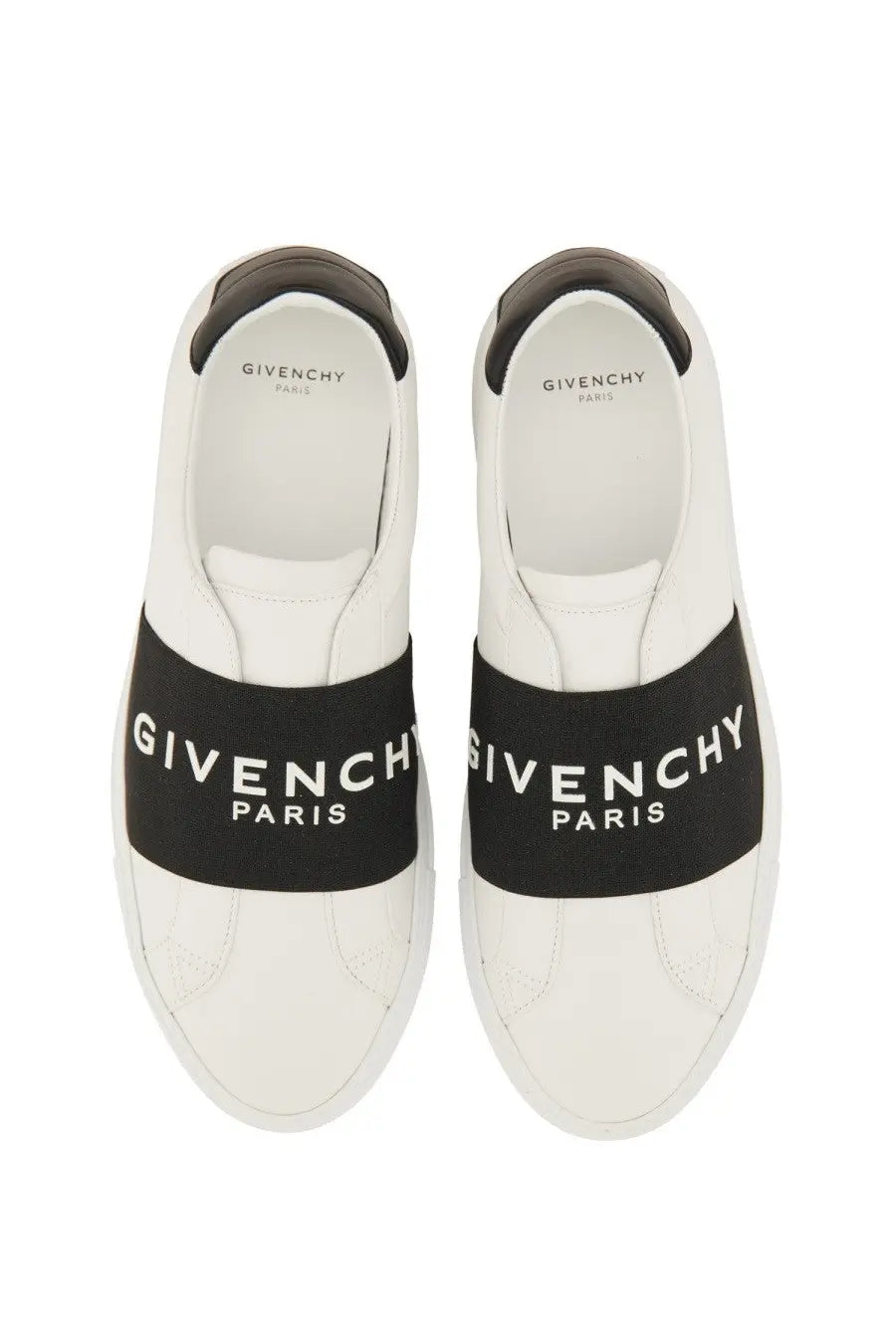 Givenchy women’s urban street sneaker white leather slip on with bold black strap and white lettering across the foot