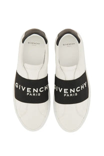 Givenchy women’s urban street sneaker white leather slip on with bold black strap and white lettering across the foot