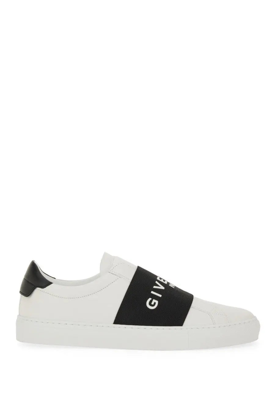 Givenchy women’s urban street sneaker in white leather with bold black strap featuring Givenchy logo in white lettering