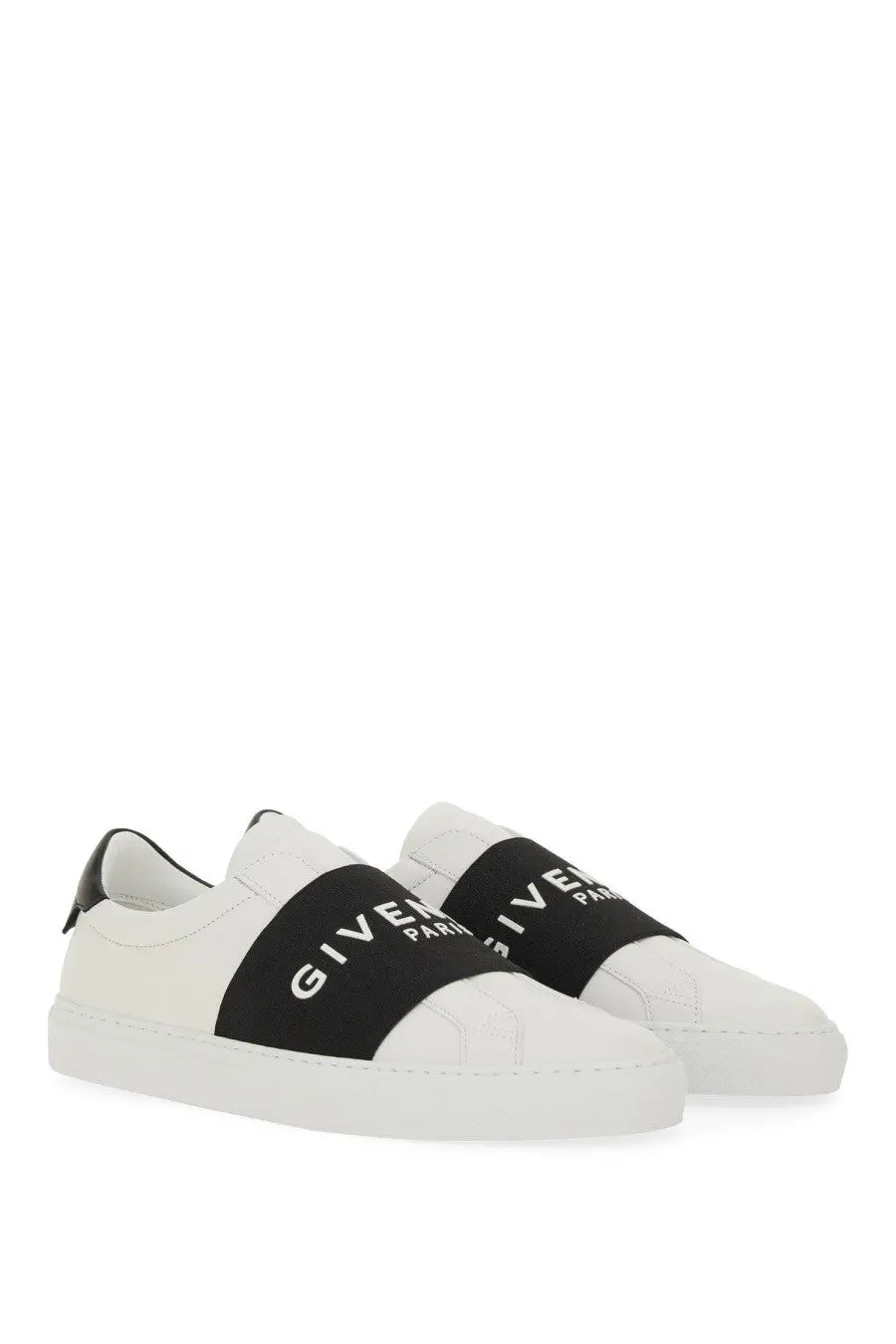 Givenchy women’s urban street sneaker white leather with a black strap featuring Givenchy Paris lettering