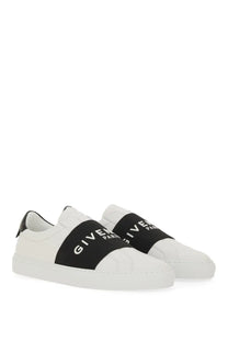 Givenchy women’s urban street sneaker white leather with a black strap featuring Givenchy Paris lettering