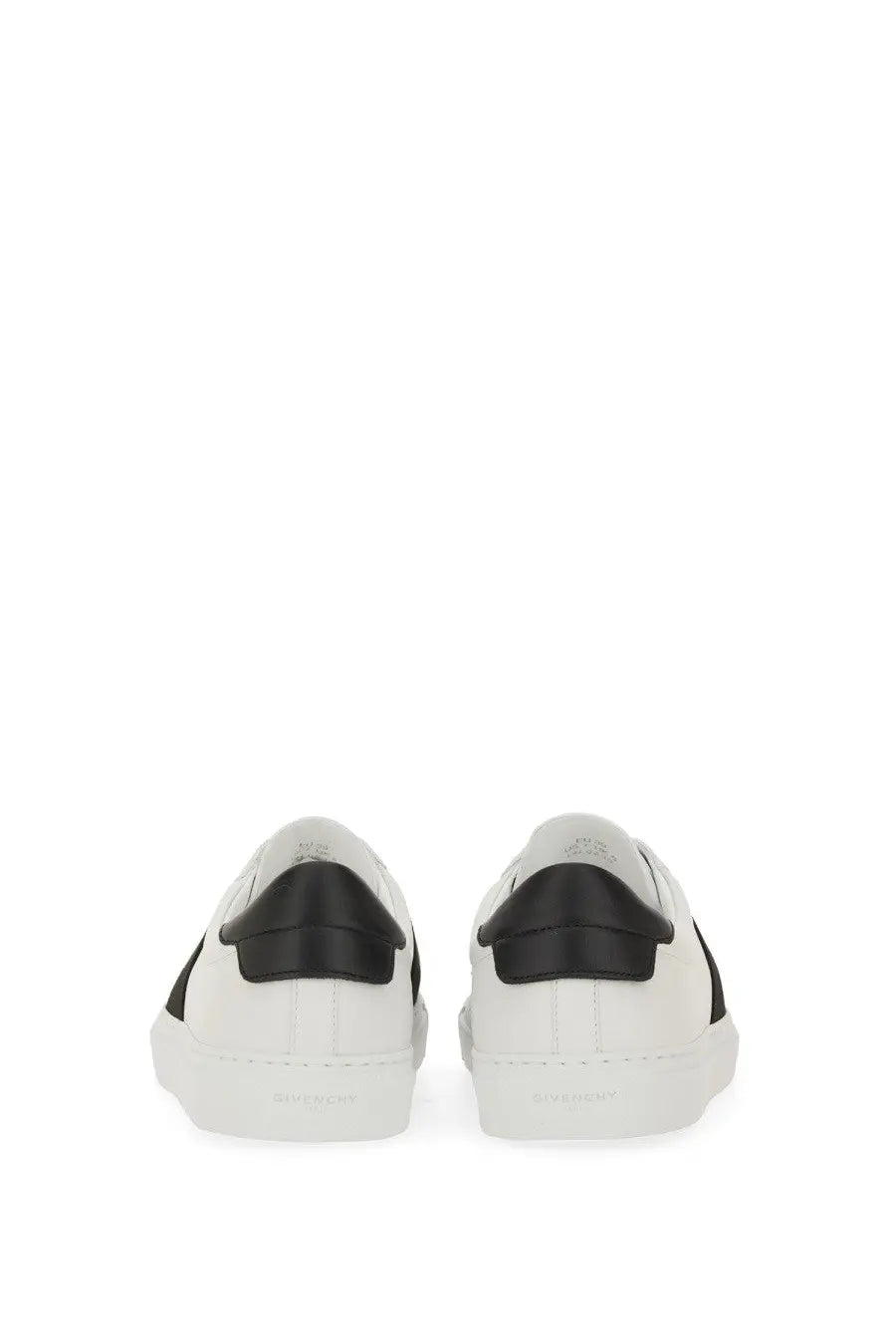 Givenchy women’s urban street sneaker white leather with black rubber heel tabs and side stripes shown from the back