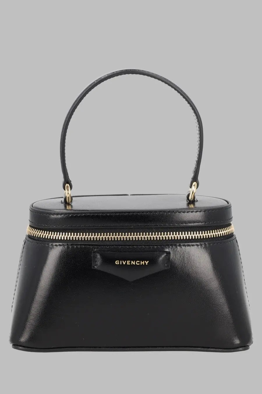 Givenchy women’s vanity antigona handbag in black pelle box leather with glossy finish gold hardware and structured oval shape