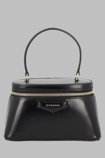 Givenchy women’s vanity antigona handbag in black pelle box leather with glossy finish gold hardware and structured oval shape