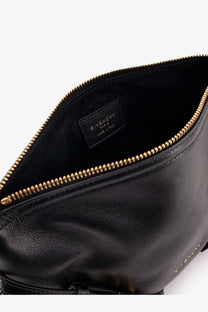 Givenchy women’s voyou black leather crossbody bag with gold-tone zipper and brand label for shoulder wear