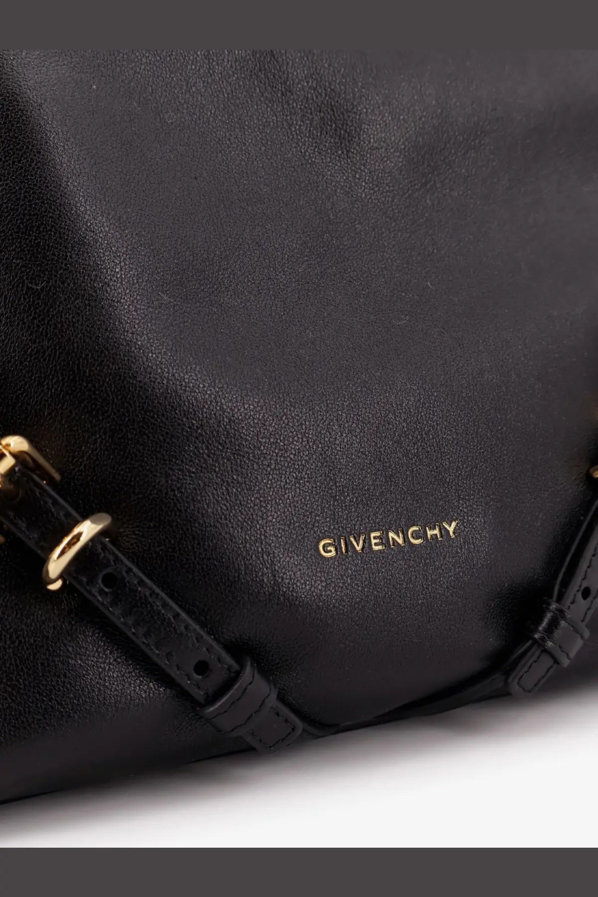 Givenchy women’s voyou leather shoulder bag black with gold tone hardware and embossed logo front view