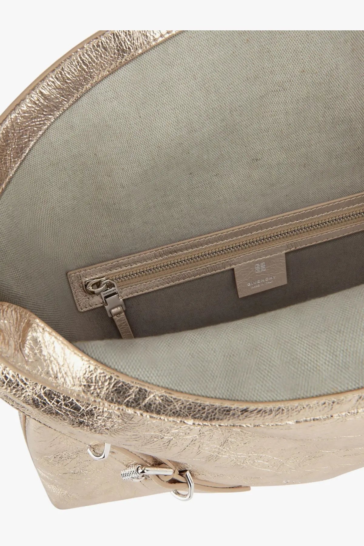 Givenchy women’s Voyou shoulder bag in gold metallic textured leather with zipper pocket and silver hardware