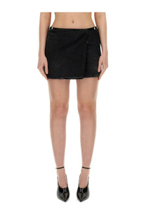Givenchy women’s black denim mini skirt with wrap-style front and silver-toned metal buckles at the waist