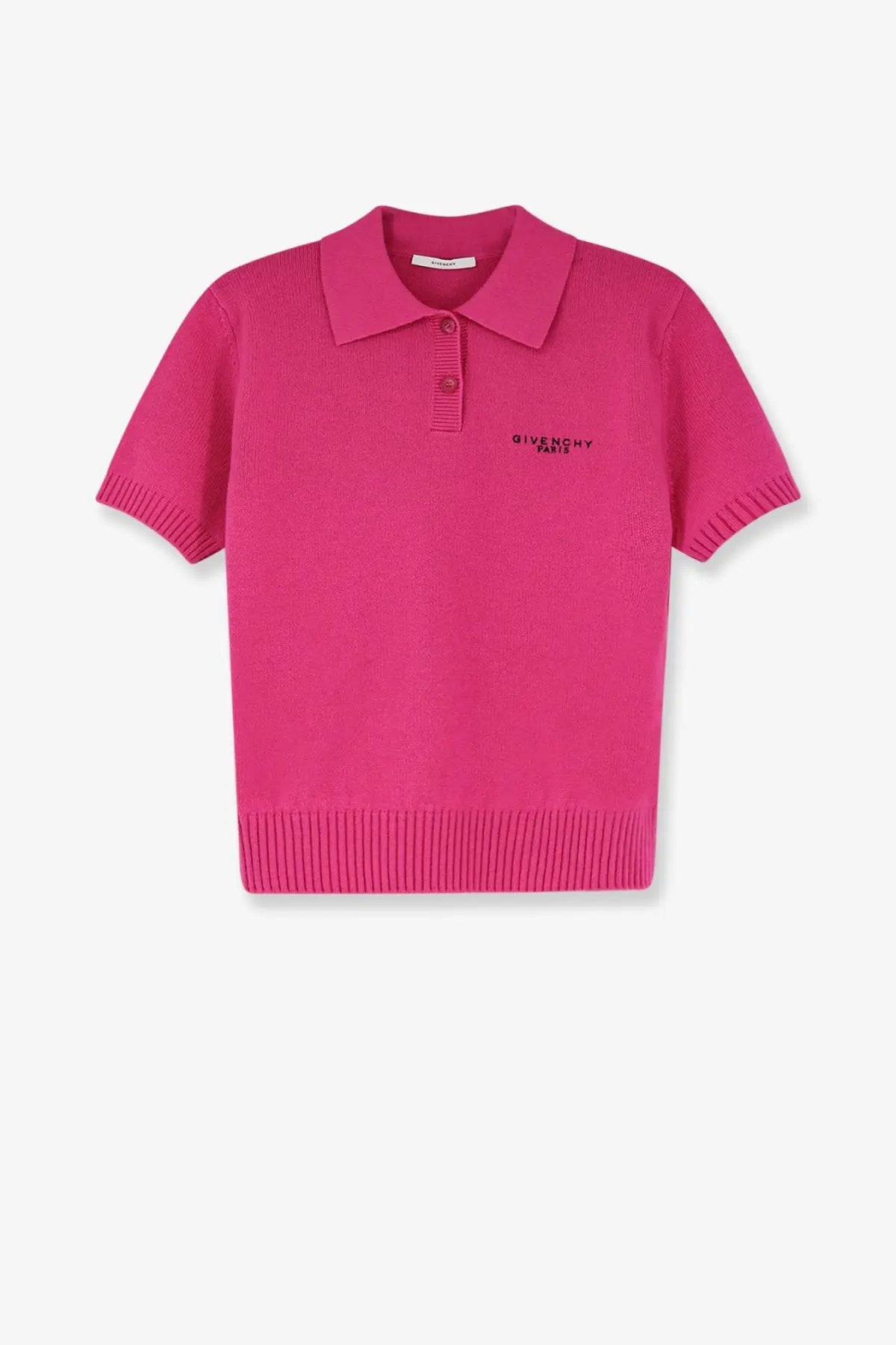 Givenchy women’s wool and cashmere polo shirt in vibrant fuchsia with ribbed knit texture and short sleeves