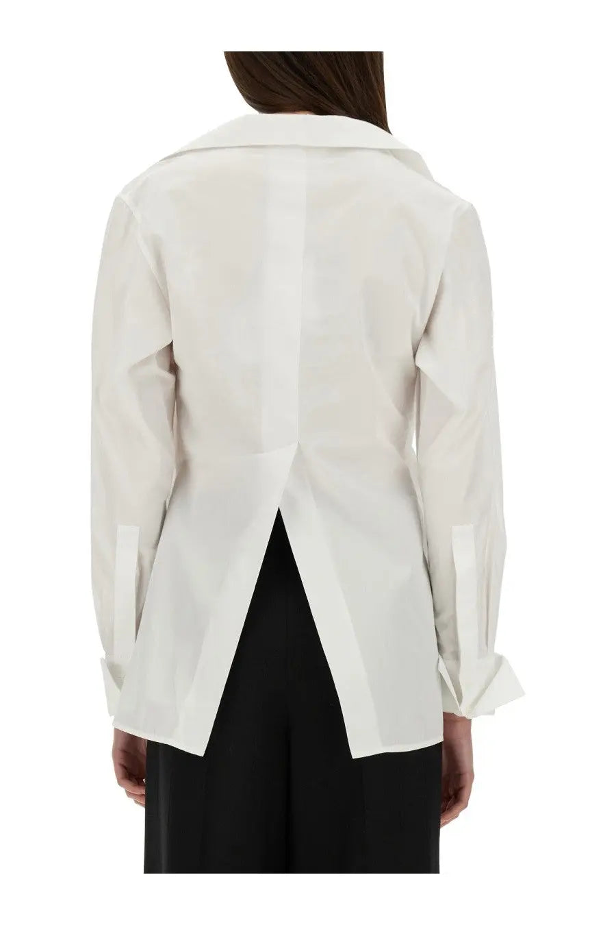Givenchy women’s white wrap around shirt with long sleeves a structured collar and a distinctive back split shown from back