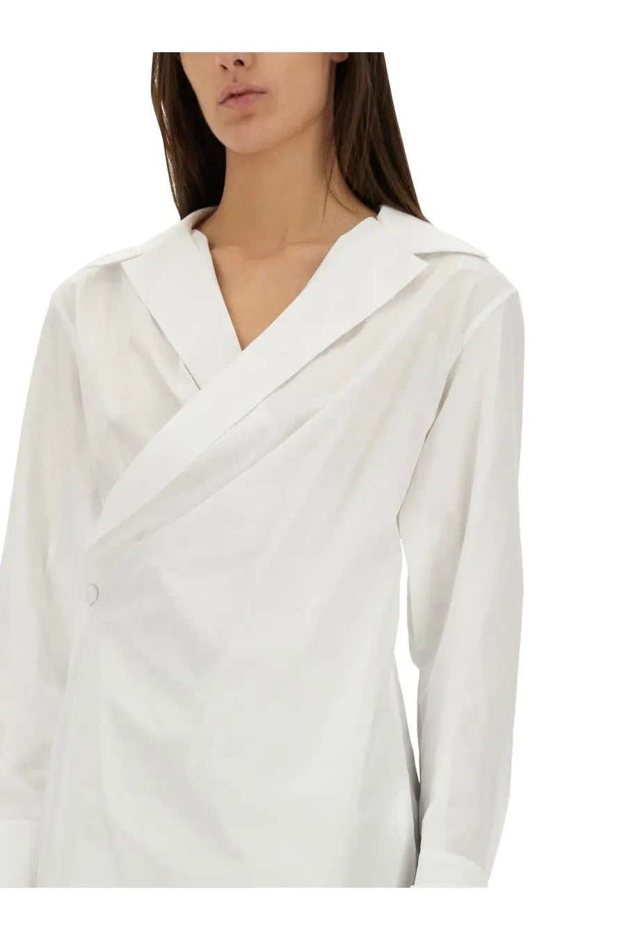 Givenchy women’s white long-sleeved blouse with draped wrap-style collar and front closure made from lightweight fabric